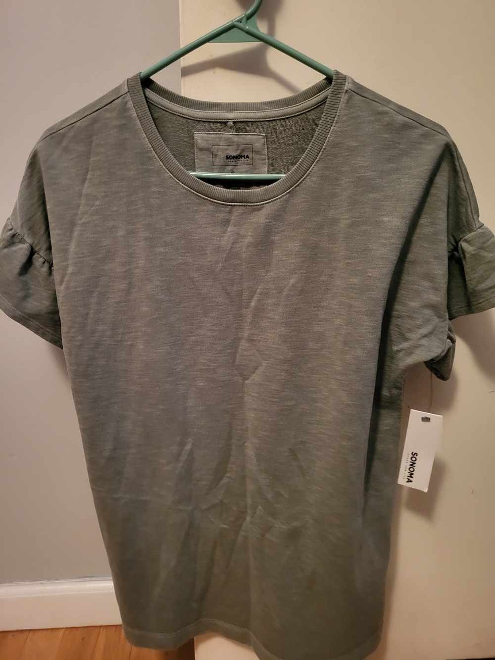 Sonoma Womens Olive Green Short-Sleeve Crewneck Ruffle Sleeve Cotton Top